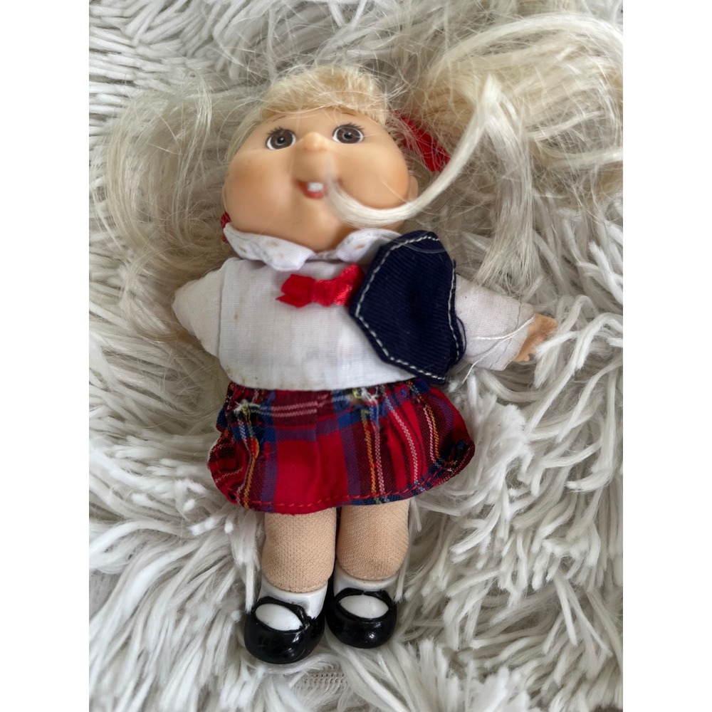 Vintage Cabbage Patch Kids Mini 5 inch Doll Blonde Pigtails School Skirt Outfit